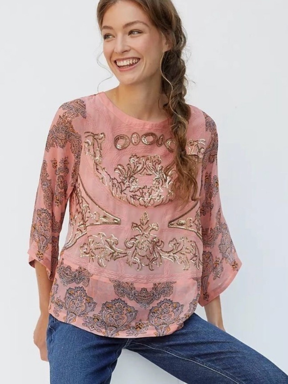 Anthropologie Ignacia Sheer Sequined Blouse Coral Gold Boho Top